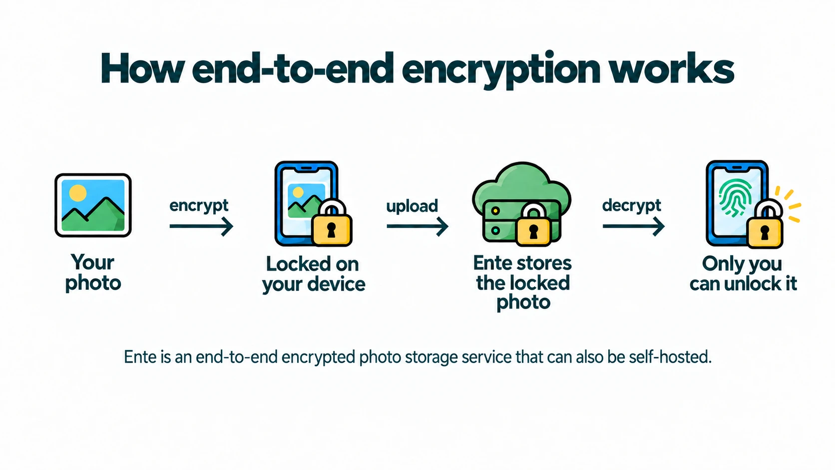 Illustration showing how end-to-end encryption works: a photo is encrypted on your device, uploaded as locked data to Ente, and only you can decrypt and view it.