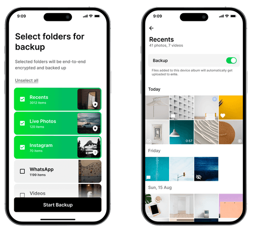 Ente Photos app showing selective album backup settings